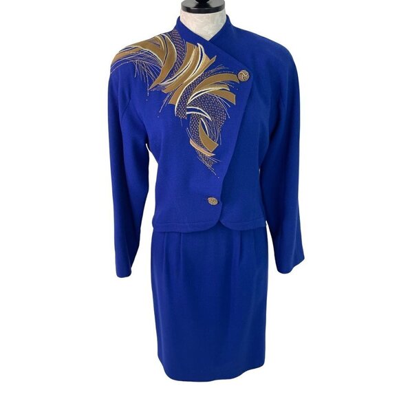 Cache Vintage Womens Skirt Suit Blue Size 4 By Joseph Ho Applique Pure Wool - Picture 1 of 10